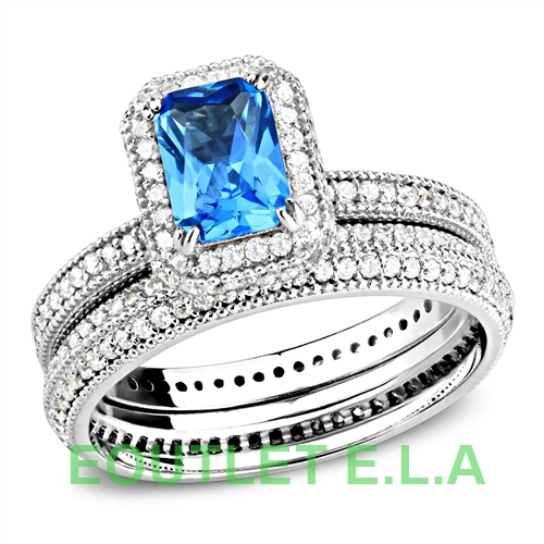EXQUISITE BLUE CZ SOLID STERLING SILVER WEDDING SET-size 9